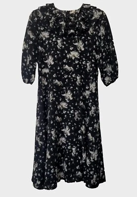 复古 Cottagecore 连衣裙中号花卉荷叶领 3/4 袖 — 第 1/4 张图片