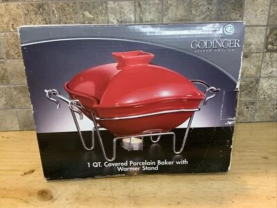 Godinger 1 Qt. Covered Red Porcelain Baker W/Lid & Warmer Serving Dish NIB - Image 1 of 4