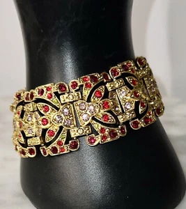 Gorgeous Crystal Rhinestone Lavender & Red Pave Gold Tone Bracelet - Picture 1 of 7