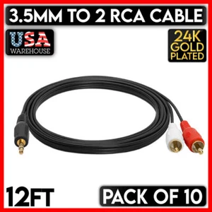 3.5mm Plug to 2 RCA Plug Cable 12FT Stereo Dual RCA AUX Speaker Cord Male 10 PCS - Picture 1 of 5