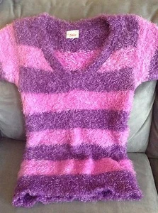 JUSTICE GIRLS DARK / LIGHT PURPLE STRIPED FLUFFY SWEATER SIZE 16 STRETCHY - USED - Picture 1 of 2