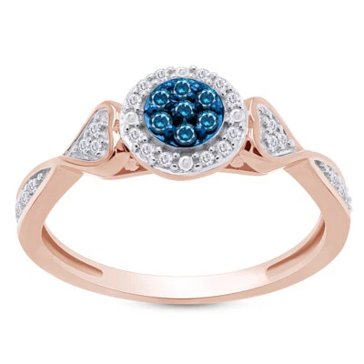 Anel feminino de ouro maciço 14K redondo azul e branco diamante real 1/10 quilates promessa - Imagem 1 de 4