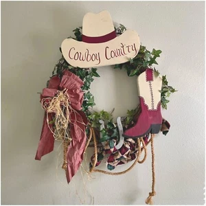 Cowboy Country Wreath Grapevine Ivy Rope Wood Cowboy Hat Boot Horseshoe 18 - 25" - Picture 1 of 11