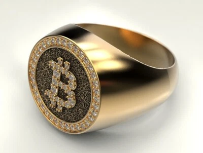 Splendido Argento Sterling Placcato Oro Bitcoin Anello,Sigillo Zirconi Anello - Immagine 1 di 4