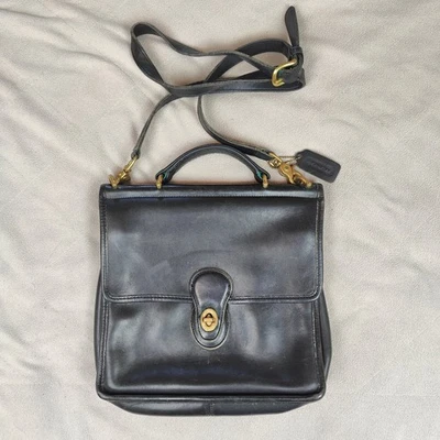 Vintage Coach Willis Black Leather Crossbody Top Handle Satchel Handbag Preppy - Image 1 of 4