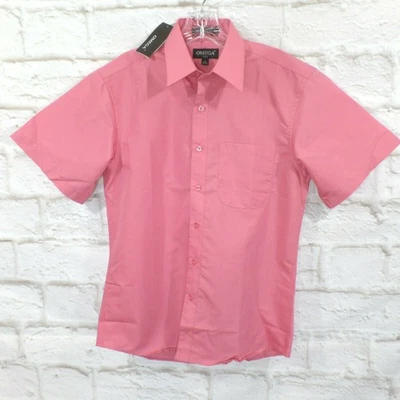Camisa de vestir Omega Italia para hombre rosa con botones mangas cortas talla pequeña Foto 1 de 4