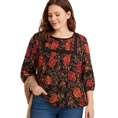 Maurices Womens XL Black Floral Lace Trim 3/4 Sleeve Boho Peasant Blouse - Image 1 of 4
