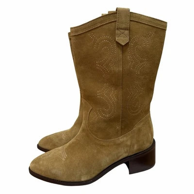 Sezane Ivana Low Suede Embroidered Boots EU 39 US 8 Camel Brown NWOB - Image 1 of 4