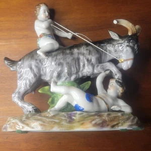 Antique MULLER VOLKSTEDT Dresden Putti Cherub Goat Porcelain Figurine Bacchanal - Picture 1 of 12