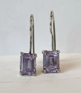 Handmade Sterling Emerald Cut Prong Set Lavender CZ Drop Earrings .75” Signed - Picture 1 of 9