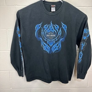 Vintage 2004 Harley Davidson Shirt Blue Flames Long Sleeve Hits XL Roadrunner - Picture 1 of 23