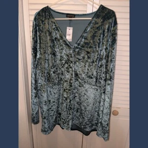 Lane Bryant Teal Blue Crushed Velvet V-neck Blouse Top Plus Size 26 28 - Picture 1 of 4