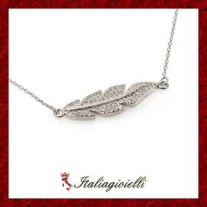 Lucente Collana Foglia Pavè Donna in Argento 925 rodiato Oro Bianco - Foto 1 di 6