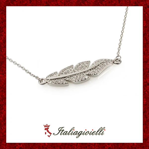 Lucente Collana Foglia Pavè Brillante in Argento 925 Rodiato Oro Bianco - Immagine 1 di 4