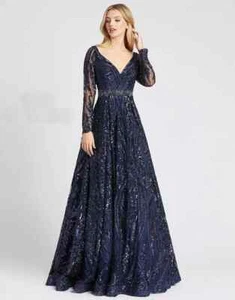 Mac Duggal Navy Blue Damask Sequin Beaded Waist Long Sleeve Ballgown Size 10 NWT - Picture 1 of 3
