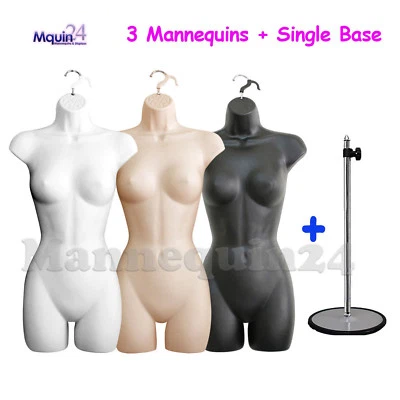 3 Mannequin Female Torsos Set White Flesh Black Dress Forms w/3 Hangers +1 Stand - Image 1 of 4