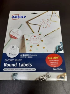 AVERY Round Labels 60 Print to Edge 2in Glossy White for Laser or Inkjet Printer - Picture 1 of 5