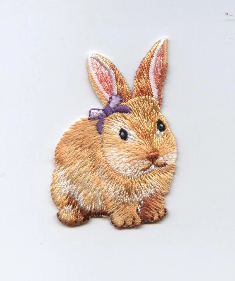 Iron-On Applique Embroidered Patch Brown Easter Bunny Rabbit Purple Bow - Image 1 of 1