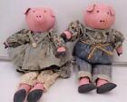 Primitive Pig Dolls Handmade Farmhouse Shelf Sitter Denim Blue Outfits 11" Tall