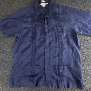 Vintage Bazar Deluxe Dark Blue Mens Extra Large 100% Lino Button Down Textured - Picture 1 of 12