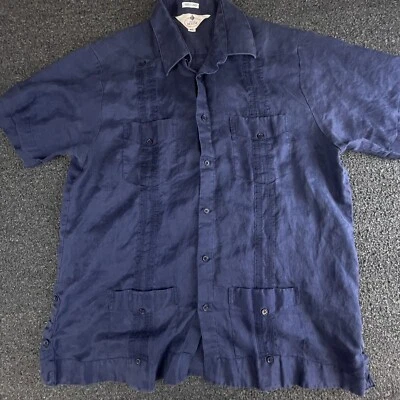 Vintage Bazar Deluxe Dark Blue Mens Extra Large 100% Lino Button Down Textured - Image 1 of 4