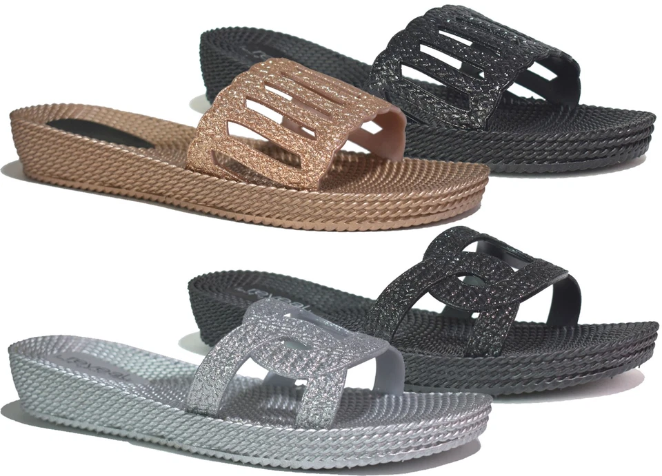 REVEAL LOVE YOUR LOOK Ladies Open Toe Slippers Womens Low Wedge Pool Slider Summer Sandals UK Size 3-8