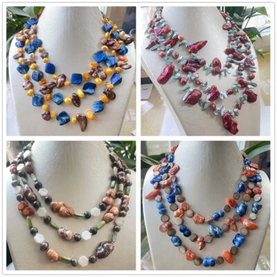 Collar nudo cuentas con concha madre y perlas Keshi barrocas multicolores de 3 filas 18"-20" Foto 1 de 4