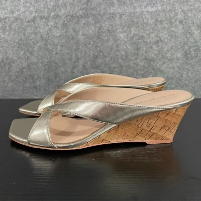Stuart Weitzman Miami 50 Sandal Womens 7.5B Gold Leather Cork Wedges Slip On - Image 1 of 4