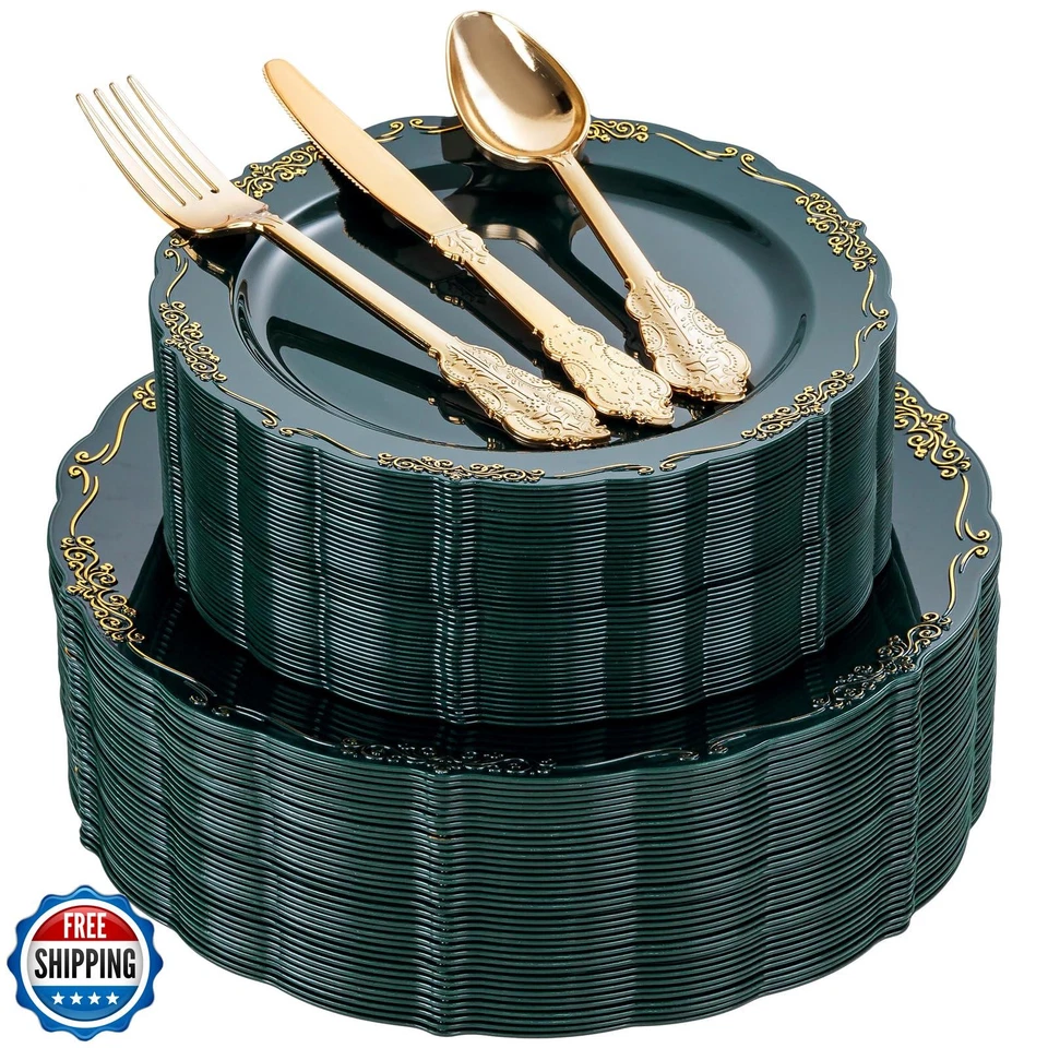 DaYammi 150Pcs Green Plastic Plates with Gold Silverware,Christmas Disposable - Image 1 of 4