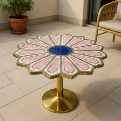 Rose Quartz & Lapis Lazuli Flower Table Handmade Luxury Gemstone Accent Table - Image 1 of 4