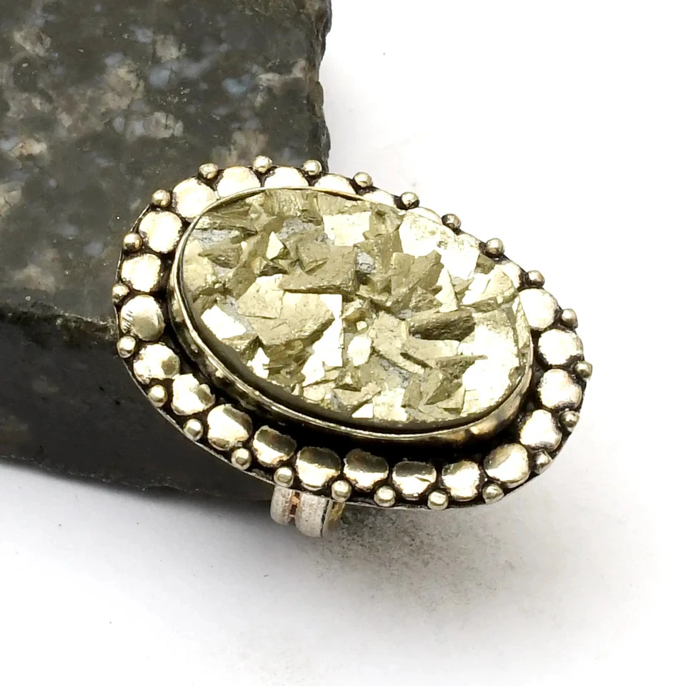 Joia anel étnica feita à mão com pedra preciosa drusa pirita Apache tamanho EUA-7 AR 41798 - Imagem 1 de 1