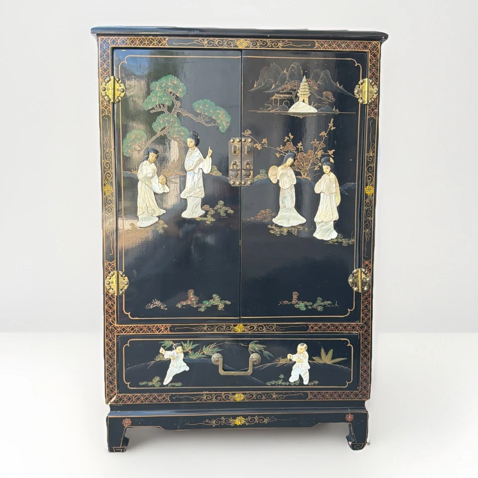 Armário vintage chinês chinoiserie laca preta e madrepérola pintado à mão - Imagem 1 de 4