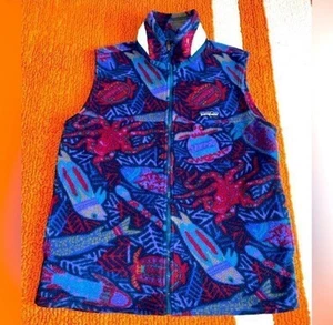 90s Vintage Patagonia Fleece Vest Kids 14 Deep Sea Fish All-over Pattern Blue  - Picture 1 of 7