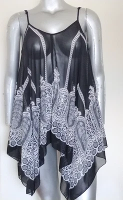 WOMAN MYSTREE SHARKBITE PULLOVER TOP COVER~UP Size M sheer Strappy Mantra print - Image 1 of 4