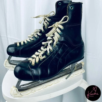 Vintage Bauer Canadian Ice Hockey Skates Black Leather Good Condition Size 10 - image 1 of 4