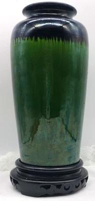 Jarrón japonés Awaji ware de Showa temprano azul y verde con iridiscencia ~ video Foto 1 de 4