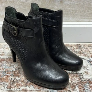 Cole Haan Boots Womens 10B Black Leather Ankle Booties Stiletto Side Zip Buckle - Picture 1 of 10