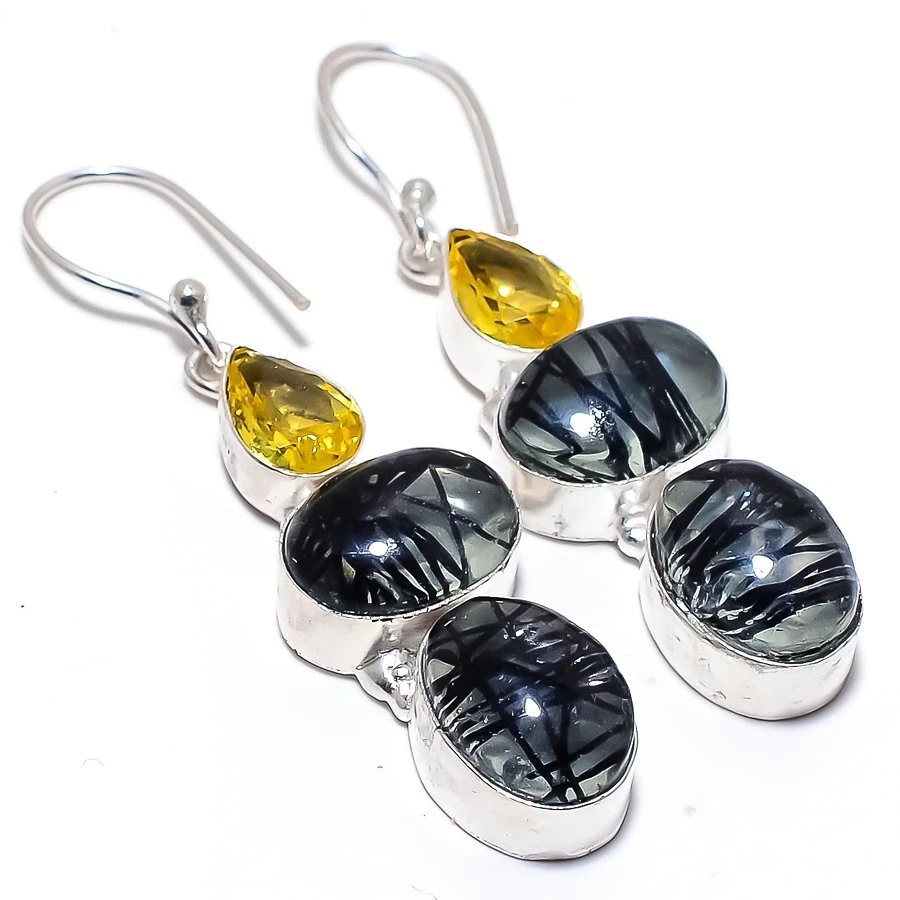 Black Rutile Quartz, Citrine Gemstone 925 Silver Jewelry Earring 2.4" R-2651 - Image 1 of 1