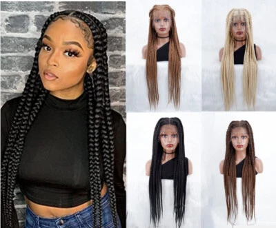 Pelucas trenzadas Cornrow para mujeres negras 36 pulgadas HD encaje completo sin nudos caja trenza peluca Foto 1 de 4