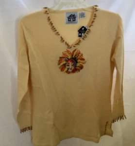 Storybook Knits Yellow Gold Color V-neck Sweater Size X-Small Beaded Lion - Picture 1 of 6