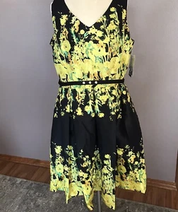 Danny And Nicole Fit & Flare Belted Dress Knee Length Women’s 18 Black & Yellow - Picture 1 of 12
