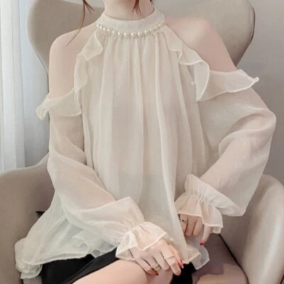 Dama Cuentas Fuera del Hombro Chifón Camisa Volantes Fina Top Hada Blusa Suelta Dulce Foto 1 de 4