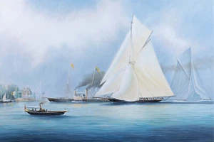 Britannia and Vigilant at Cowes w/ Royal Yacht Alberta 35" Painting Canvas Print - Picture 1 of 1