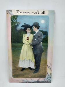 Vintage 1911 Postcard Romantic Couple Walking At Night Under The Moon Light