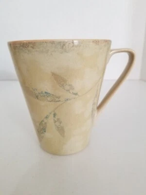 Pier 1 Imports "Antiqued" Cup Mug Stoneware Gold With Leaves Pointed Handle Used - Image 1 of 4