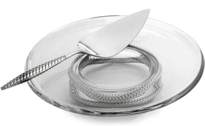 Plato de pastel de vidrio con pedestal trenzado Nambe con servidor - plata transparente MT0913 nuevo Foto 1 de 4
