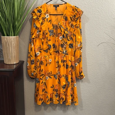 #452 Jessica Simpson orange floral, long sleeve ruffle knee length dress size la - Image 1 of 4