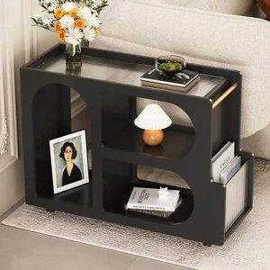 Mobile End Table with Lockable Wheels, Narrow Coffee Table with 5mm Thick Fluted - Picture 1 of 15