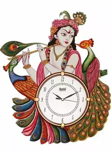 Wooden Antique Lord Krishna Wall Clock with Peacock Designer - Picture 1 of 3