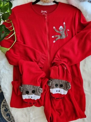 Nick & Nora rojo, una sola pieza, pie, cremallera frontal, polar, calcetín mono pijama - S Foto 1 de 4